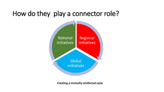 How do they play a connector role?
Regional
Initiatives
Global
initiatives
National
initiatives
Creating a mutually reinforced cycle
 