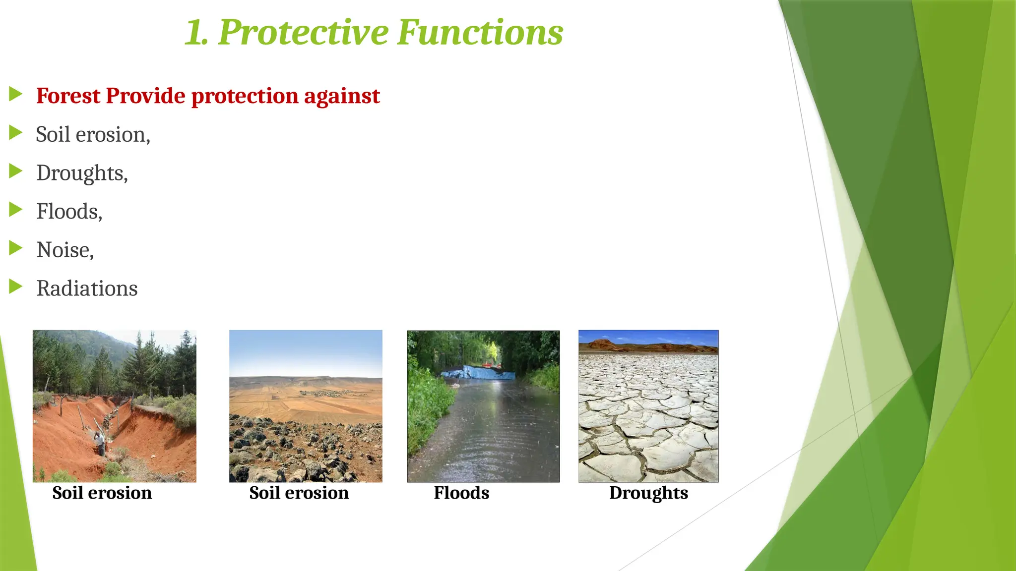 1. Protective Functions
 Forest Provide protection against
 Soil erosion,
 Droughts,
 Floods,
 Noise,
 Radiations
Soil erosion Floods
Soil erosion Droughts
 
