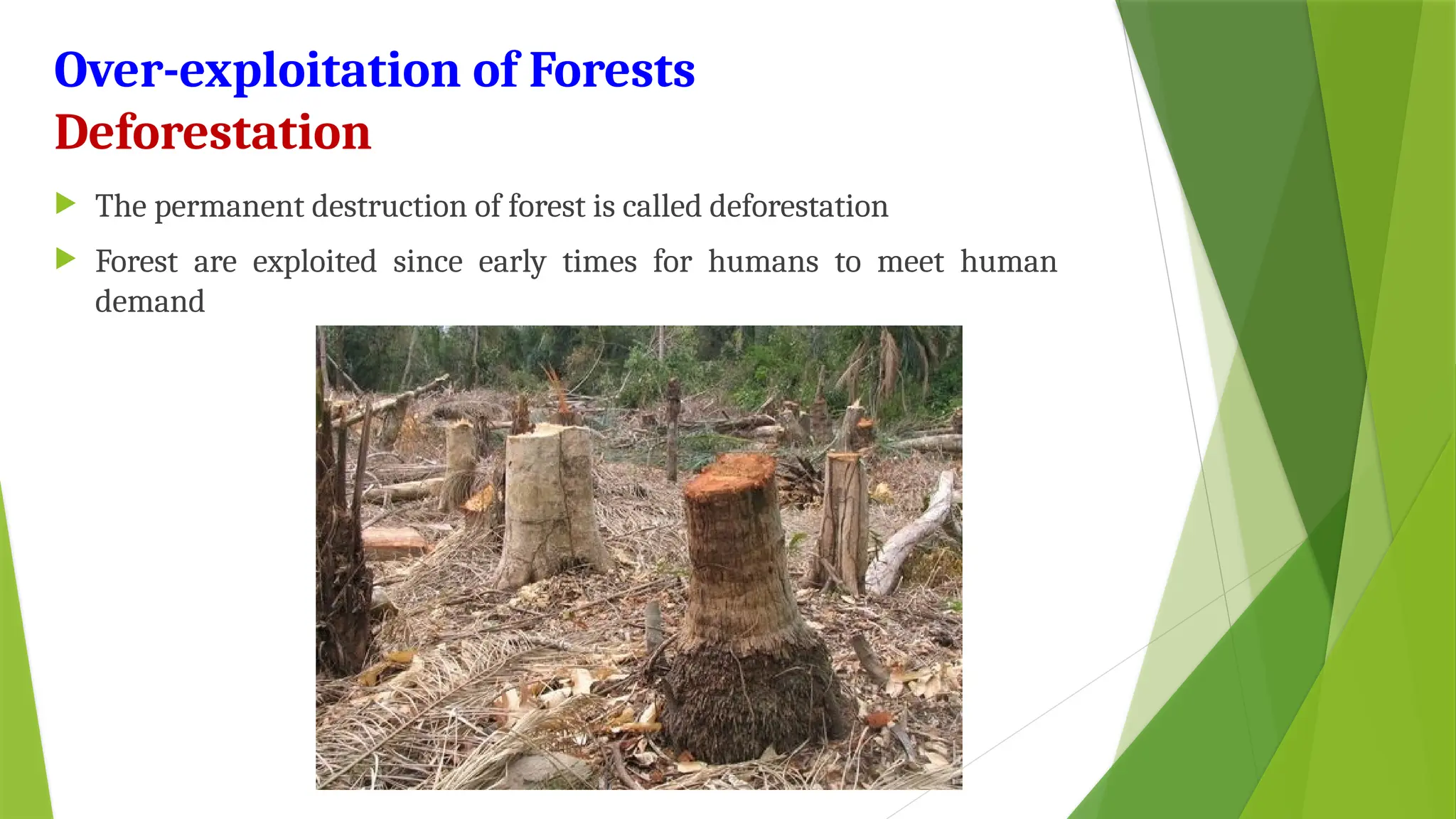 Over-exploitation of Forests
Deforestation
 The permanent destruction of forest is called deforestation
 Forest are exploited since early times for humans to meet human
demand
 