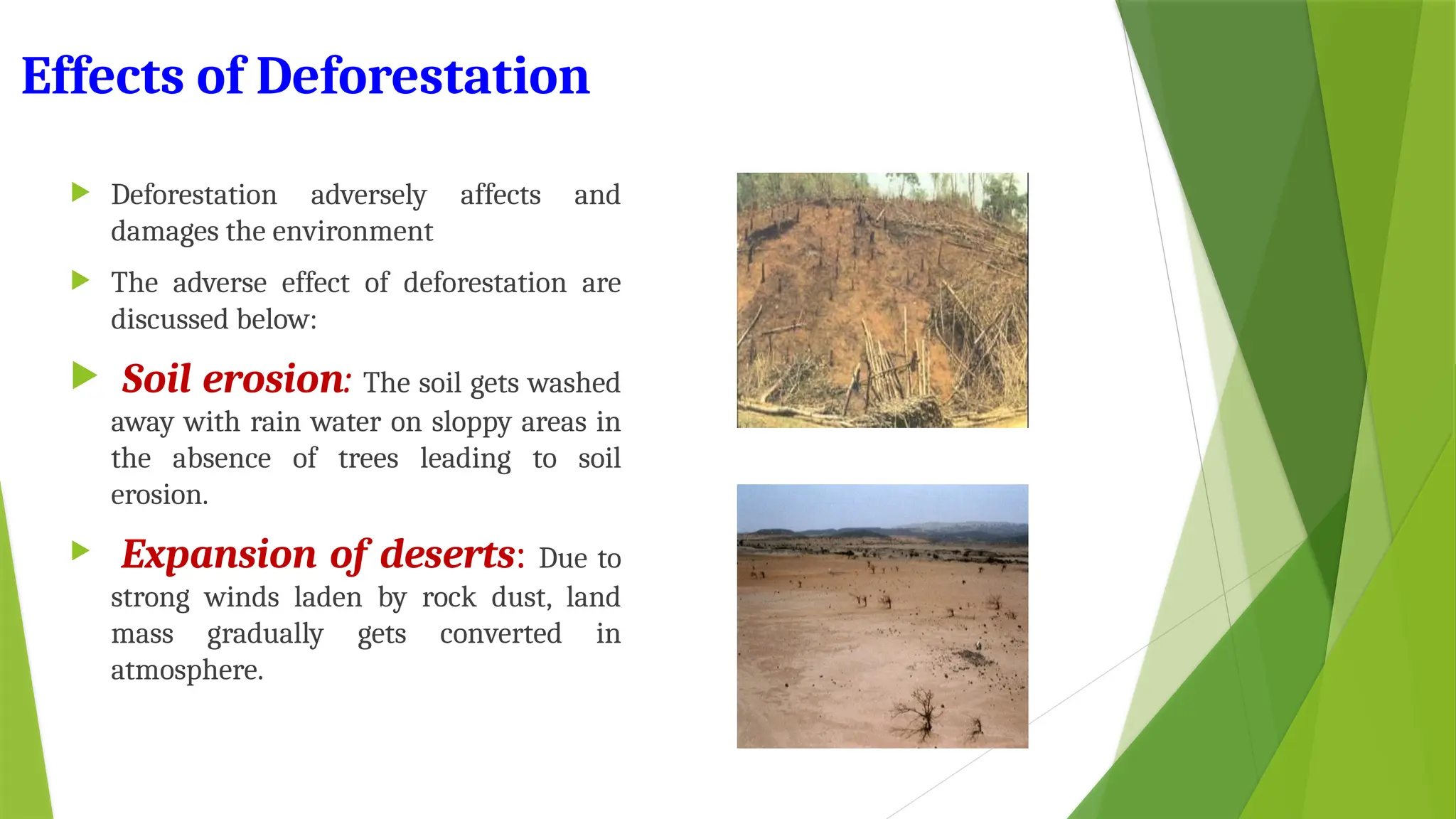 Effects of Deforestation
 Deforestation adversely affects and
damages the environment
 The adverse effect of deforestation are
discussed below:
 Soil erosion: The soil gets washed
away with rain water on sloppy areas in
the absence of trees leading to soil
erosion.
 Expansion of deserts: Due to
strong winds laden by rock dust, land
mass gradually gets converted in
atmosphere.
 