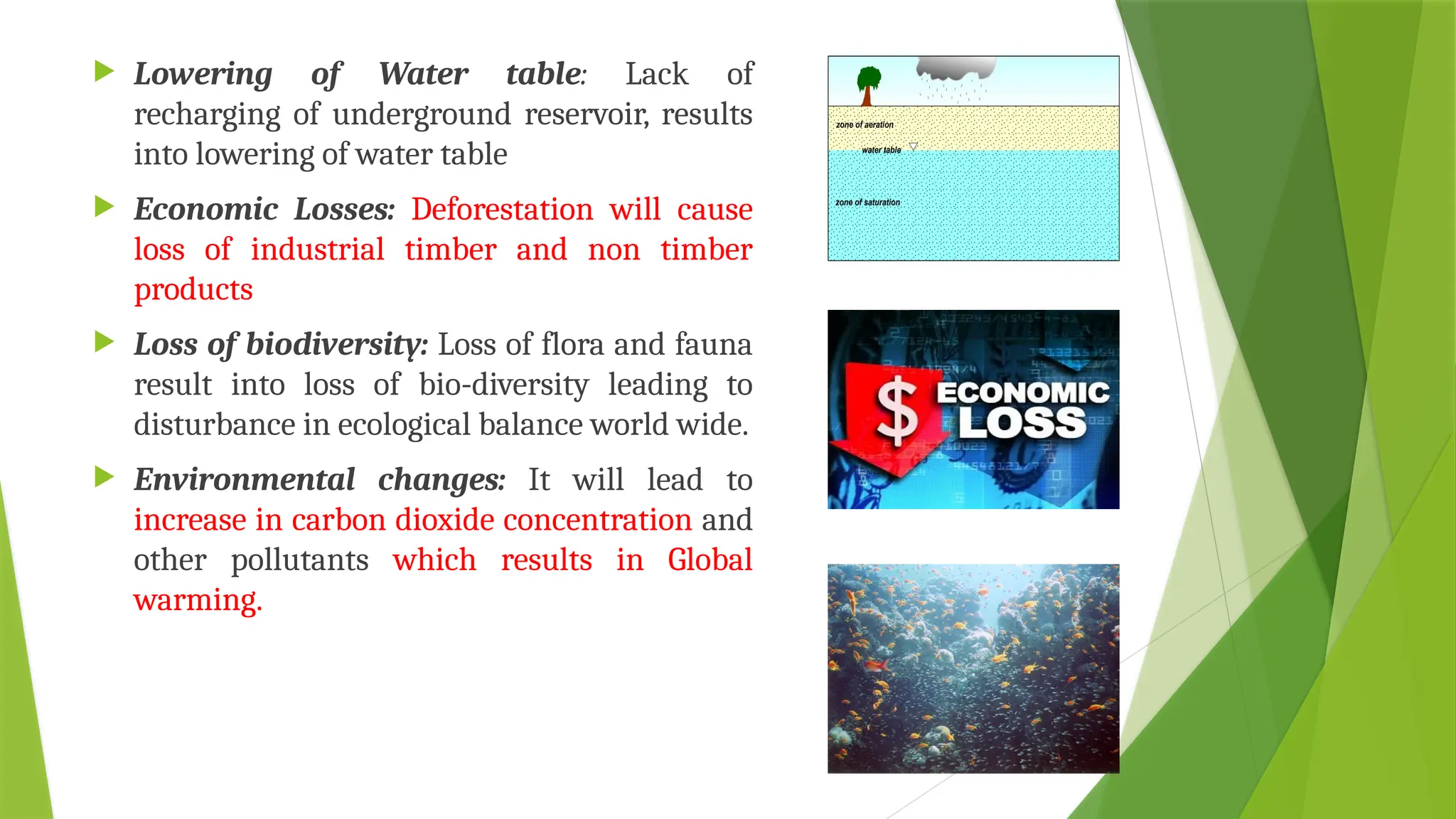  Lowering of Water table: Lack of
recharging of underground reservoir, results
into lowering of water table
 Economic Losses: Deforestation will cause
loss of industrial timber and non timber
products
 Loss of biodiversity: Loss of flora and fauna
result into loss of bio-diversity leading to
disturbance in ecological balance world wide.
 Environmental changes: It will lead to
increase in carbon dioxide concentration and
other pollutants which results in Global
warming.
 