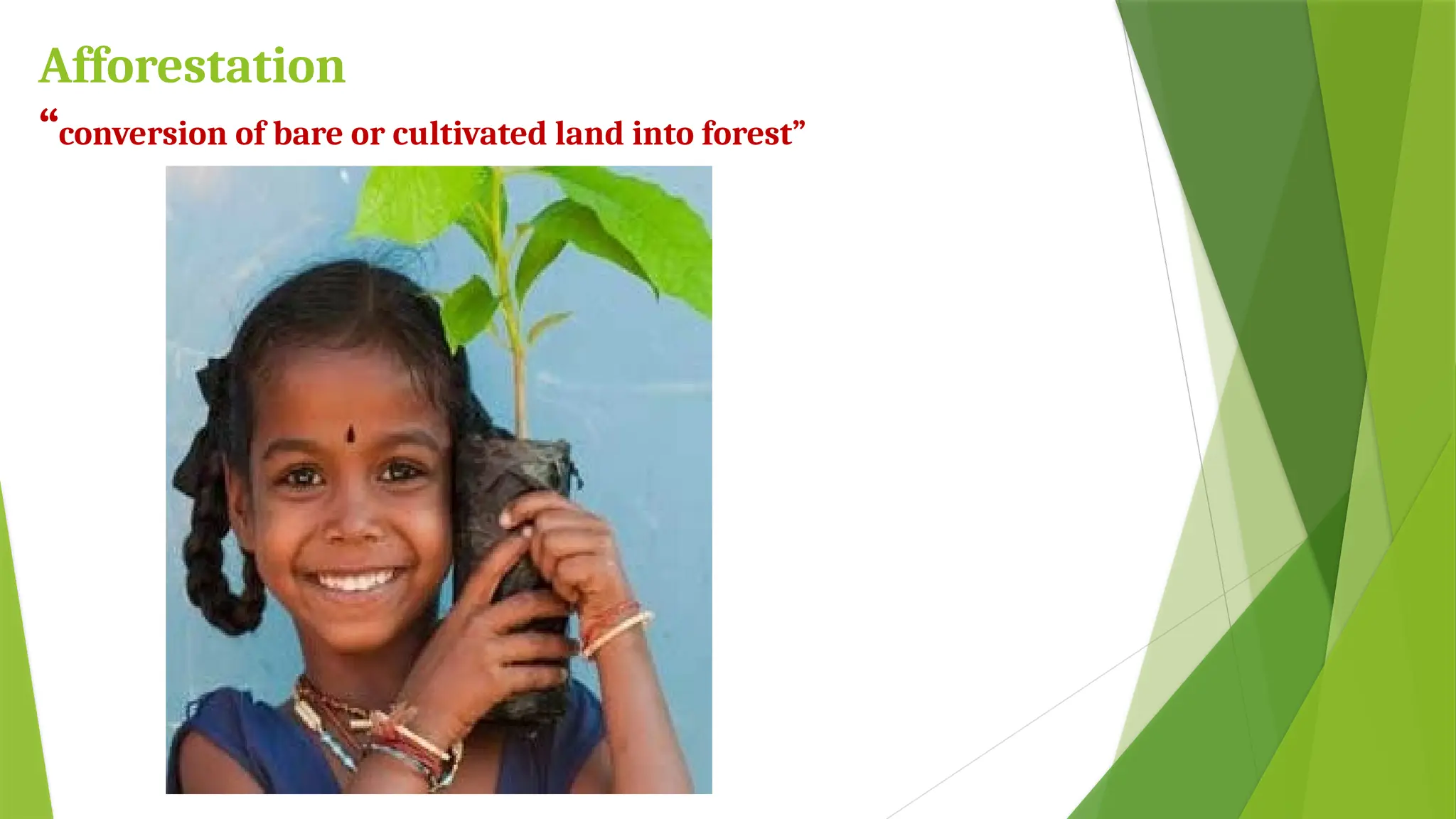 Afforestation
“conversion of bare or cultivated land into forest”
 