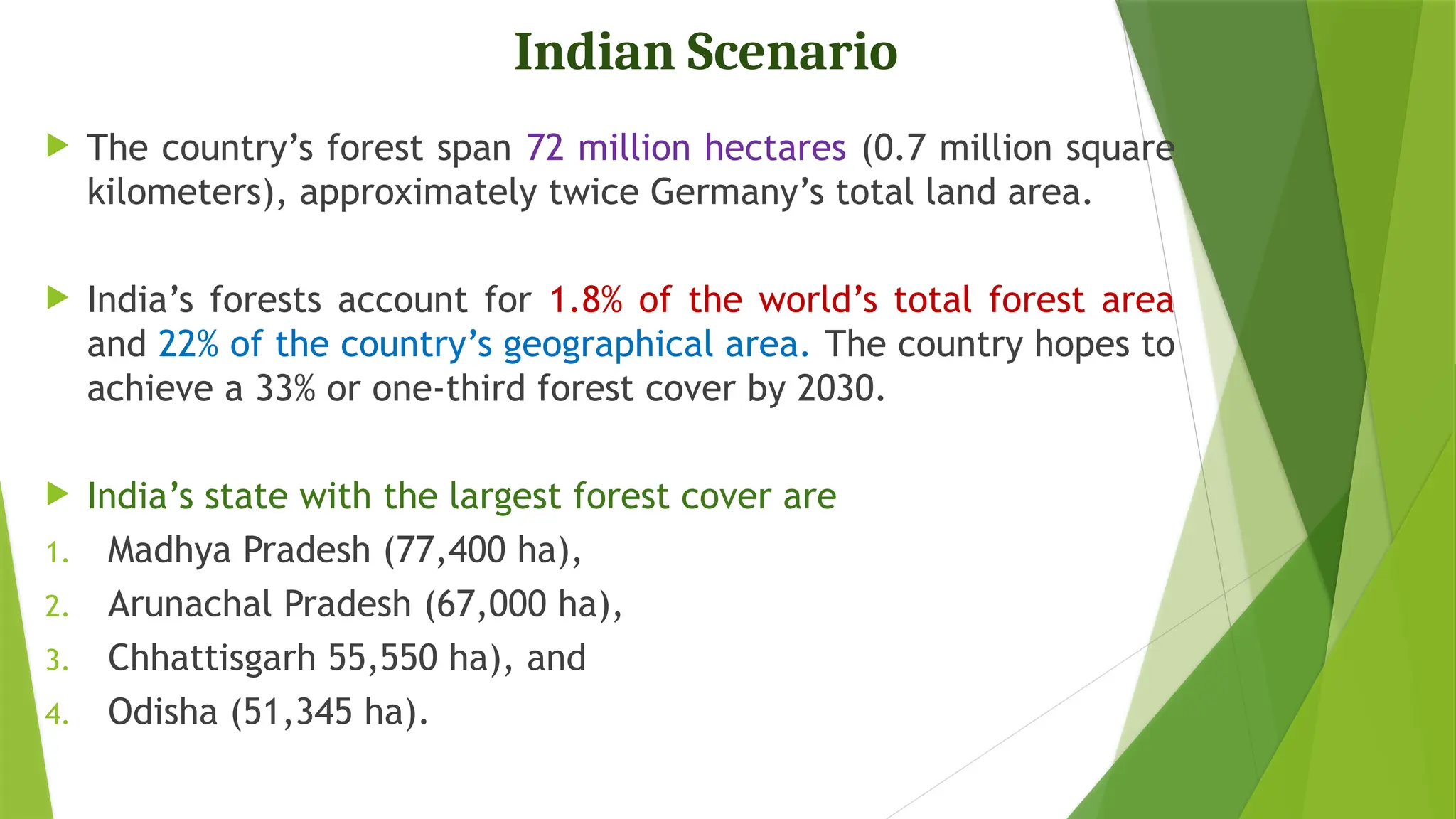 Indian Scenario
 The country’s forest span 72 million hectares (0.7 million square
kilometers), approximately twice Germany’s total land area.
 India’s forests account for 1.8% of the world’s total forest area
and 22% of the country’s geographical area. The country hopes to
achieve a 33% or one-third forest cover by 2030.
 India’s state with the largest forest cover are
1. Madhya Pradesh (77,400 ha),
2. Arunachal Pradesh (67,000 ha),
3. Chhattisgarh 55,550 ha), and
4. Odisha (51,345 ha).
 