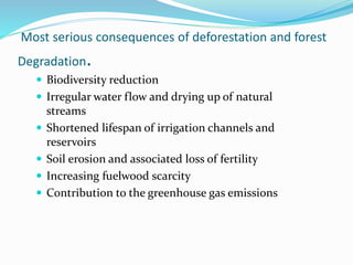 Most serious consequences of deforestation and forest
Degradation.
 Biodiversity reduction
 Irregular water flow and drying up of natural
streams
 Shortened lifespan of irrigation channels and
reservoirs
 Soil erosion and associated loss of fertility
 Increasing fuelwood scarcity
 Contribution to the greenhouse gas emissions
 