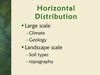 Horizontal Distribution Large scale Climate Geology Landscape scale Soil types topography 