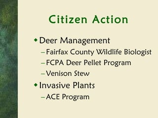 Citizen Action Deer Management Fairfax County Wildlife Biologist FCPA Deer Pellet Program Venison Stew Invasive Plants ACE Program 