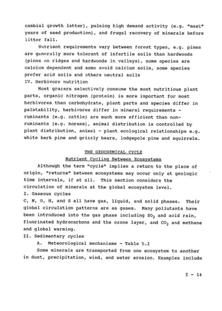 cambial growth latter), pulsing high demand activity (e.g. "mast"

years of seed production), and frugal recovery of minerals before

litter fall.

Nutrient requirements vary between forest types, e.g. pines

are generally more tolerant of infertile soils than hardwoods

(pines on ridges and hardwoods in valleys), some species are

calcium dependent and some avoid calcium soils, some species

prefer acid soils and others neutral soils

IV. Herbivore nutrition

Most grazers selectively consume the most nutritious plant

parts, organic nitrogen (protein) is more important for most

herbivores than carbohydrate, plant parts and species differ in

palatability, herbivores differ in mineral requirements ­
ruminants (e.g. cattle) are much more efficient than non­
ruminants (e.g. horses), animal distribution is controlled by

plant distribution, animal - plant ecological relationships e.g.

white bark pine and grizzly bears, lodgepole pine and squirrels.

THE GEOCHEMICAL CYCLE

Nutrient Cycling Between Ecosystems

Although the term "cycle" implies a return to the place of

origin, "returns" between ecosystems may occur only at geologic

time intervals, if at all. This section considers the

circulation of minerals at the global ecosystem level.

I. Gaseous cycles

C, N, 0, H, and S all have gas, liquid, and solid phases. Their

global circulation patterns are as gases. Many pollutants have

been introduced into the gas phase including SO2 and acid rain,

fluorinated hydrocarbons and the ozone layer, and CO2 and methane

and global warming.

II. Sedimentary cycles

A. Meteorological mechanisms - Table 5.2

Some minerals are transported from one ecosystem to another

in dust, precipitation, wind, and water erosion. Examples include

I - 14

 