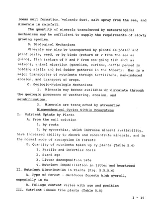 loess soil formation, 'volcanic dust, salt spray from the sea, and

minerals in rainfall.

The quantity of minerals transferred by meteorological

mechanisms may be sufficient to supply the requirements of slowly

growing species.

B. Biological Mechanisms

Minerals may also be transported by plants as pollen and

plant parts, seed, or by birds (return of P from the sea as

guano), fish (return of N and P from sea-going fish such as

salmon), animal migration (gazelles, caribou, cattle penned in

holding stalls and fed fodder gathered in the forest). Man is a

major transporter of nutrients through fertilizers, man-induced

erosion, and transport of crops.

C. Geologic-Hydrologic Mechanisms

1. Minerals may become available or circulate through

the geologic processes of weathering, erosion, and

solubilization.

2. Minerals are trans~orted by streamflow

Biogeochemical Cycles Within Ecosystems

I. Nutrient Uptake by Plants

A. From the soil solution

1. by roots

2. by mycorrhiza, which increase mineral availability,

have increased ability to absorb and concentrate minerals, and is

the normal mode of absorption in forests

B. Quantity of nutrients taken up by plants (Table 5.4)

1. Fertile and infertile soils

2. Stand age

3. Litter decomposition rate

4. Nutrient immobilization in litter and heartwood

II. Nutrient Distribution in Plants (Fig. 5.5,5.6)

A. Type of forest - deciduous forests high overall,

especially in Ca

B. Foliage content varies with age and position

III. Nutrient losses from plants (Table 5.5)

I - 15

 