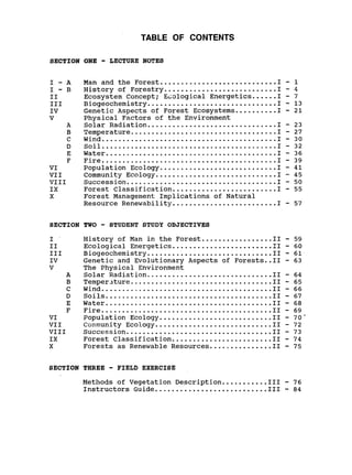 TABLE OF CONTENTS
SECTION ONE - LECTURE NOTES

I - A Man and the Forest ............................ I - 1

I - B History of Forestry ........................... I - 4

II Ecosystem Concept; Ecological Energetics ...... I - 7

III Biogeochemistry ............................... I - 13

IV Genetic Aspects of Forest Ecosystems .......... I - 21

V Physical Factors of the Environment

A Solar Radiation ............................... I - 23

B Temperature ................................... I - 27

C Wind .......................................... I - 30

D Soil .......................................... I - 32

E Water ......................................... I - 36

F Fire .......................................... I - 39

VI Population Ecology ............................ I - 41

VII Community Ecology ............................. I - 45

VIII Succession .................................... I - 50

IX Forest Classification ......................... I - 55

X Forest Management Implications of Natural

Resource Renewability ......................... I - 57

SECTION TWO - STUDENT STUDY OBJECTIVES

I History of Man in the Forest ................. II - 59

II Ecological Energetics ........................ II - 60

III Biogeochemistry.............................. II - 61

IV Genetic and Evolutionary Aspects of Forests..II - 63

V The Physical Environment

A Solar Radiation .............................. II - 64

B Temperature...................................II -. 65

C Wind........................................... II - 66

D Soils ........................................ II - 67

E Water ........................................ II - 68

F Fire ....................................- 69
..... 11 

VI Population Ecology ........................... II - 70'

VII Community Ecology ............................ II - 72

VIII Succession............. . ................... II - 73

IX Forest Classification ........................ II - 74

X Forests as Renewable Resources............... II - 75

SECTION THREE - FIELD EXERCISE

Methods of Vegetation Description ........... III - 76

Instructors Guide ..................... i..... III - 84

 