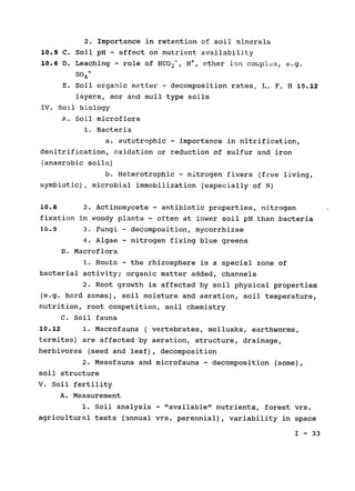 2. Importance in retention of soil minerals

10.5 C. Soil pH - effect on nutrient availability
10.6 D. Leaching - role of HCO-, H+ , other ion couples, e.g.

=
SO4

E. Soil organic matter - decomposition rates, L, F, 11 10.12

layers, mor arid mull type soils

IV. Soil Biology

A. Soil microflora

1. Bacteria

a. autotrophic - importance in nitrification,

denitrification, oxidation or reduction of sulfur and iron

(anaerobic soils)

b. Heterotrophic - nitrogen fixers (free living,

symbiotic), microbial immobilization (especially of N)

10.8 2. Actinomycete - antibiotic properties, nitrogen
fixation in woody plants - often at lower soil pH than bacteria
10.9 3. Fungi - decomposition, mycorrhizae

4. Algae - nitrogen fixing blue greens

B. Macroflora

1. Roots - the rhizosphere is a special zone of

bacterial activity; organic matter added, channels

2. Root growth is affected by soil physical properties

(e.g. hard zones), soil moisture and aeration, soil temperature,

nutrition, root competition, soil chemistry

C. Soil fauna

10.12 1. Macrofauna ( vertebrates, mollusks, earthworms,

termites) are affected by aeration, structure, drainage,

herbivores (seed and leaf), decomposition

2. Mesofauna and microfauna - decomposition (some),

soil structure

V. Soil fertility

A. Measurement

1. Soil analysis- "available" nutrients, forest vrs.

agricultural tests (annual vrs. perennial), variability in space

I - 33

 