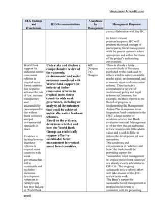 MANAGEMENT ACTION RECORD 
IEG Findings 
xxxiii 
and 
Conclusions 
IEG Recommendations 
Acceptance 
by 
Management 
Management Response 
close collaboration with the IFC. 
In future relevant 
projects/programs, IFC will 
promote the broad concept of 
participatory forest management 
with the project sponsors where 
appropriate and within the frame 
of the project’s authorizing 
environment. 
World Bank 
support for 
industrial timber 
concession 
reforms in 
tropical moist 
forest countries 
has helped to 
advance the rule 
of law, increase 
transparency 
and 
accountability 
(as compared to 
the without 
Bank scenario) 
and put 
environmental 
standards in 
place. 
Evidence is 
lacking however 
that these 
reforms in 
tropical moist 
countries with 
weak 
governance has 
led to 
sustainable and 
inclusive 
economic 
development. 
Attention to 
rural poverty 
has been lacking 
in World Bank 
Undertake and disclose a 
comprehensive review of 
the economic, 
environmental and social 
outcomes associated with 
World Bank support for 
industrial timber 
concession reforms in 
tropical moist forest 
countries with weak 
governance, including an 
analysis of the outcomes 
that could be achieved 
under alternative land-use 
schemes. 
Based on the evidence, 
determine whether and 
how the World Bank 
Group can realistically 
support effective 
sustainable forest 
management in tropical 
moist forest countries. 
WB: 
Disagree 
IFC: 
Disagree 
There is already a fairly 
extensive body of literature 
published by the Bank and by 
others which is widely available 
on the social, environmental, and 
economic impacts of concession 
reform. These include a 
comprehensive review of 
institutional, policy and legal 
reforms in Cameroon, for 
example, the three reports to the 
Board on progress in 
implementing the Management 
Action Plan in response to an 
Inspection Panel complaint in the 
DRC, a large number of 
academic articles, and Bank 
evaluative material. Management 
is of the view that an additional 
review would create little added-value 
and would do little to 
inform the development of new 
operations. 
The conditions and 
circumstances of ‘whether and 
how’ the Bank should be 
providing support for 
“sustainable forest management 
in tropical moist forest countries” 
are already clearly articulated in 
OP 4.36. The on-going 
safeguards policy reform effort 
will take account of this IEG 
review in its work. 
The Bank’s support for 
sustainable forest management in 
tropical moist forests is 
consistent with the prevailing 
 