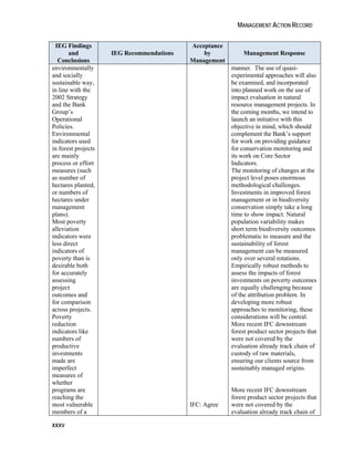MANAGEMENT ACTION RECORD 
IEG Findings 
xxxv 
and 
Conclusions 
IEG Recommendations 
Acceptance 
by 
Management 
Management Response 
environmentally 
and socially 
sustainable way, 
in line with the 
2002 Strategy 
and the Bank 
Group’s 
Operational 
Policies. 
Environmental 
indicators used 
in forest projects 
are mainly 
process or effort 
measures (such 
as number of 
hectares planted, 
or numbers of 
hectares under 
management 
plans). 
Most poverty 
alleviation 
indicators were 
less direct 
indicators of 
poverty than is 
desirable both 
for accurately 
assessing 
project 
outcomes and 
for comparison 
across projects. 
Poverty 
reduction 
indicators like 
numbers of 
productive 
investments 
made are 
imperfect 
measures of 
whether 
programs are 
reaching the 
most vulnerable 
members of a 
IFC: Agree 
manner. The use of quasi-experimental 
approaches will also 
be examined, and incorporated 
into planned work on the use of 
impact evaluation in natural 
resource management projects. In 
the coming months, we intend to 
launch an initiative with this 
objective in mind, which should 
complement the Bank’s support 
for work on providing guidance 
for conservation monitoring and 
its work on Core Sector 
Indicators. 
The monitoring of changes at the 
project level poses enormous 
methodological challenges. 
Investments in improved forest 
management or in biodiversity 
conservation simply take a long 
time to show impact. Natural 
population variability makes 
short term biodiversity outcomes 
problematic to measure and the 
sustainability of forest 
management can be measured 
only over several rotations. 
Empirically robust methods to 
assess the impacts of forest 
investments on poverty outcomes 
are equally challenging because 
of the attribution problem. In 
developing more robust 
approaches to monitoring, these 
considerations will be central. 
More recent IFC downstream 
forest product sector projects that 
were not covered by the 
evaluation already track chain of 
custody of raw materials, 
ensuring our clients source from 
sustainably managed origins. 
More recent IFC downstream 
forest product sector projects that 
were not covered by the 
evaluation already track chain of 
 
