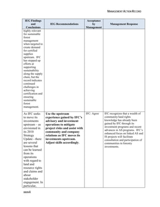MANAGEMENT ACTION RECORD 
IEG Findings 
xxxvii 
and 
Conclusions 
IEG Recommendations 
Acceptance 
by 
Management 
Management Response 
highly relevant 
for sustainable 
forest 
management 
when targeted to 
create demand 
for certified 
supplies 
upstream. IFC 
has stepped up 
efforts at 
supporting 
sustainability 
along the supply 
chain, but the 
record indicates 
continued 
challenges in 
achieving 
certification and 
ensuring 
sustainable 
forest 
management. 
As IFC seeks 
to move its 
investments 
upstream – as 
envisioned in 
its 2010 
Strategy 
Update - there 
are several 
lessons that 
can be learned 
from its 
operations 
with regard to 
land and 
resource rights 
and claims and 
about 
stakeholder 
engagement. In 
particular, 
Use the upstream 
experience gained by IFC’s 
advisory and investment 
operations to mitigate 
project risks and assist with 
community and company 
relations as IFC moves its 
investments upstream. 
Adjust skills accordingly. 
IFC: Agree IFC recognizes that a wealth of 
community/land rights 
knowledge has already been 
gained by IFC through its 
investment programs and recent 
advances in AS programs. IFC’s 
enhanced focus on linked AS and 
IS projects will facilitate 
consultation and participation of 
communities in forestry 
investments. 
 