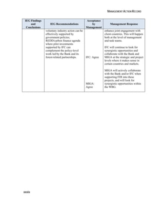MANAGEMENT ACTION RECORD 
IEG Findings 
xxxix 
and 
Conclusions 
IEG Recommendations 
Acceptance 
by 
Management 
Management Response 
voluntary industry action can be 
effectively supported by 
government policies; 
REDD/carbon finance agenda 
where pilot investments 
supported by IFC can 
complement the policy-level 
work led by the Bank and its 
forest-related partnerships. IFC: Agree 
MIGA: 
Agree 
enhance joint engagement with 
client countries. This will happen 
both at the level of management 
and task teams. 
IFC will continue to look for 
synergistic opportunities and 
collaborate with the Bank and 
MIGA at the strategic and project 
levels where it makes sense in 
certain countries and markets. 
MIGA will actively collaborate 
with the Bank and/or IFC when 
supporting FDI into these 
projects, and will look for 
synergistic opportunities within 
the WBG. 
 