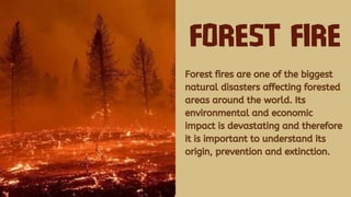 Forest fires are one of the biggest
natural disasters affecting forested
areas around the world. Its
environmental and economic
impact is devastating and therefore
it is important to understand its
origin, prevention and extinction.
 