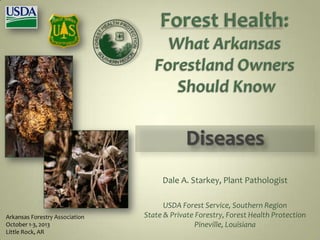 Arkansas Forestry Association
October 1-3, 2013
Little Rock, AR
Dale A. Starkey, Plant Pathologist
USDA Forest Service, Southern Region
State & Private Forestry, Forest Health Protection
Pineville, Louisiana
Diseases
 