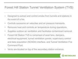 Forest Hill Station Tunnel Ventilation System (TVS)
• Designed to extract and control smoke from tunnels and stations in
the event of a fire.
• Controls excessive air velocities and air pressure transients.
• Removes heat and controls air temperature during operations.
• Supplies outdoor air ventilation and facilitates contaminant removal.
• Forest Hill Station TVS is comprised of axial fans, dampers,
electrical equipment, tunnel ventilation panels, supervisory control
and data acquisition (SCADA) interface, and Tunnel Ventilation Fire
Command Post.
• Vents are located on top of the secondary station entrance.
 