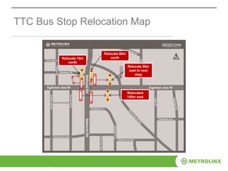 TTC Bus Stop Relocation Map
Relocate 50m
east to next
stop
Relocated
140m east
Relocate 90m
northRelocate 70m
north
 