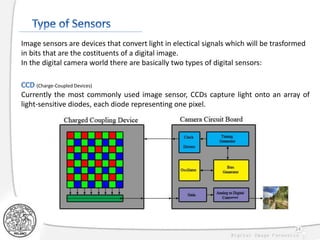 24
Image sensors are devices that convert light in electical signals which will be trasformed
in bits that are the costituents of a digital image.
In the digital camera world there are basically two types of digital sensors:
(Charge-Coupled Devices)
Currently the most commonly used image sensor, CCDs capture light onto an array of
light-sensitive diodes, each diode representing one pixel.
 