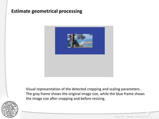 9
Estimate geometrical processing
Visual representation of the detected cropping and scaling parameters .
The gray frame shows the original image size, while the blue frame shows
the image size after cropping and before resizing.
 