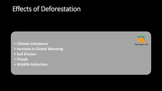 • Climate Imbalance
• Increase in Global Warming
• Soil Erosion
• Floods
• Wildlife Extinction
Effects of Deforestation
 