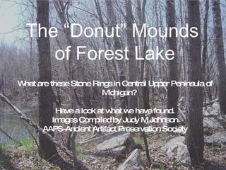The “Donut” Mounds  of Forest Lake What are these Stone Rings in Central Upper Peninsula of Michigan? Have a look at what we have found. Images Compiled by Judy M Johnson AAPS-Ancient Artifact Preservation Society The “Donut” Mounds  of Forest Lake 