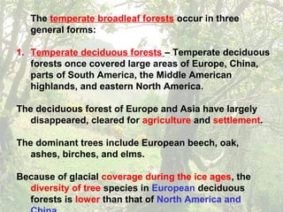 The temperate broadleaf forests occur in three
general forms:
1. Temperate deciduous forests – Temperate deciduous
forests once covered large areas of Europe, China,
parts of South America, the Middle American
highlands, and eastern North America.
The deciduous forest of Europe and Asia have largely
disappeared, cleared for agriculture and settlement.
The dominant trees include European beech, oak,
ashes, birches, and elms.
Because of glacial coverage during the ice ages, the
diversity of tree species in European deciduous
forests is lower than that of North America and
 
