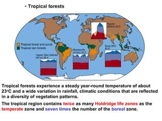 Tropical forests experience a steady year-round temperature of about
23o
C and a wide variation in rainfall, climatic conditions that are reflected
in a diversity of vegetation patterns.
The tropical region contains twice as many Holdridge life zones as the
temperate zone and seven times the number of the boreal zone.
 