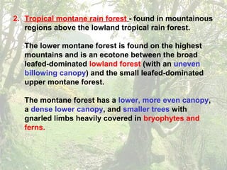 2. Tropical montane rain forest - found in mountainous
regions above the lowland tropical rain forest.
The lower montane forest is found on the highest
mountains and is an ecotone between the broad
leafed-dominated lowland forest (with an uneven
billowing canopy) and the small leafed-dominated
upper montane forest.
The montane forest has a lower, more even canopy,
a dense lower canopy, and smaller trees with
gnarled limbs heavily covered in bryophytes and
ferns.
 