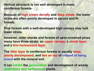 Vertical structure is not well developed in many
coniferous forests-
Because of high crown density and deep shade, the lower
strata are often poorly developed in spruce and fir
forests.
Pine forests with a well-developed high canopy may lack
lower strata.
However, older stands and forests of open-crowned pines
many have three strata: an upper canopy, a shrub layer,
and a thin herbaceous layer.
The litter layer in coniferous forests is usually deep,
poorly decomposed, and lies on top of instead of being
mixed with the mineral soil.
It can inhibit the germination and development of woody
understory and herbaceous plants.
 