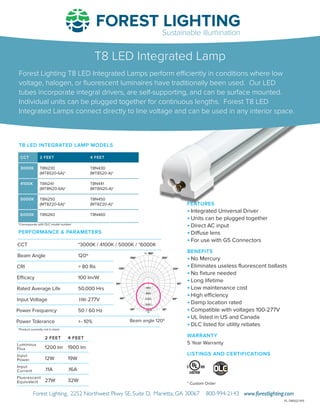 Sustainable illumination
PERFORMANCE & PARAMETERS
FEATURES
•	Integrated Universal Driver
•	Units can be plugged together
•	Direct AC input
•	Diffuse lens
•	For use with G5 Connectors
BENEFITS										
•No Mercury
•Eliminates useless fluorescent ballasts
•No fixture needed
•Long lifetime
•Low maintenance cost
•High efficiency
•Damp location rated
•Compatible with voltages 100-277V
•UL listed in US and Canada
•DLC listed for utility rebates
WARRANTY
5 Year Warranty
LISTINGS AND CERTIFICATIONS
* Custom Order
2 FEET 4 FEET
Luminous
Flux 1200 lm 1900 lm
Input
Power 12W 19W
Input
Current .11A .16A
Fluorescent
Equivalent 27W 32W
CCT	 *3000K / 4100K / 5000K / *6000K
Beam Angle	 120º
CRI	 > 80 Ra
Efficacy	 100 lm/W
Rated Average Life	 50,000 Hrs
Input Voltage	 100-277V
Power Frequency	 50 / 60 Hz
Power Tolerance	 +- 10%
T8 LED INTEGRATED LAMP MODELS
CCT 2 FEET 4 FEET
3000K T8N230
(MT8S20-6A)*
T8N430
(MT8S20-A)*
4100K T8N241
(MT8N20-6A)*
T8N441
(MT8N20-A)*
5000K T8N250
(MT8Z20-6A)*
T8N450
(MT8Z20-A)*
6000K T8N260 T8N460
T8 LED Integrated Lamp
Forest Lighting T8 LED Integrated Lamps perform efficiently in conditions where low
voltage, halogen, or fluorescent luminaires have traditionally been used. Our LED
tubes incorporate integral drivers, are self-supporting, and can be surface mounted.
Individual units can be plugged together for continuous lengths. Forest T8 LED
Integrated Lamps connect directly to line voltage and can be used in any interior space.
*Corresponds with DLC model number
*Product currently not in stock
Forest Lighting, 2252 Northwest Pkwy SE, Suite D, Marietta, GA 30067 800-994-2143 www.forestlighting.com
Beam angle 120º
0
30º
60º
90º
120º
150º
+/- 180º
-150º
-120º
-90º
-60º
-30º 2000
1600
1200
800
400
A
B W
H
0
30º
60º
90º
120º
150º
+/- 180º
-150º
-120º
-90º
-60º
-30º 2000
1600
1200
800
400
A
B W
H
FL-T8I002-915
 