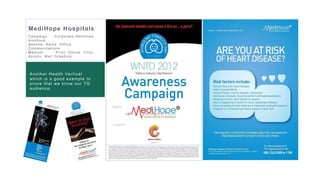 30
Bhima Jewellers Image Editing and creative
design for the new product launch.
Bhima always having the challenge to get
the better image quality on cost effective .
They used to spend very high for the photos-
hoot and editing. We provided a cost
effective value proposition solution to
photography, editing and creative design.
Result : The aggressive hoarding and
online campaign fetching the results of
selling maximum number of products in
2 weeks time
MediHope Hospitals
C ampaign : C or por ate Identities ,
br oc hur e,
w ebs ite, Advts , Offic e
C ommunic ations
Medium : Pr int, Online, Vinyl,
Ac r ylic , W all Gr aphic s ,
Another Health Vertical
which is a good example to
prove that we know our TG
audience.
 