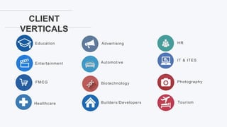 4
CLIENT
VERTICALS
Advertising
Automotive
Biotechnology
Builders/Developers
Education
Entertainment
FMCG
HR
IT & ITES
Photography
TourismHealthcare
 