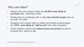 9
• Visitors who view product videos are 64-85% more likely to
purchase after watching a video
• People stay on a webpage with a video two minutes longer than on
one with no video.
• Shoppers who viewed video on stacks and stacks product pages
are 144% more likely to “add to cart" than other shoppers
• Online retailers confirm that videos boost conversion as well as
increase time spent on site
Source : Internet Retailer, April 2016, March 2016, October 2016
Why use video?
 