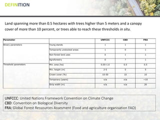 DEFINITION
Land spanning more than 0.5 hectares with trees higher than 5 meters and a canopy
cover of more than 10 percent, or trees able to reach these thresholds in situ.
Parameter UNFCCC CBD FRA
Binary parameters Young stands 1 1 1
Temporarily unstocked areas 1 0 1
Non-forest land uses 0 1 1
Agroforestry 0 ? 1
Threshold parameters Min. area (ha) 0.05-1.0 0.5 0.5
Min. height (m) 2-5 5 5
Crown cover (%) 10-30 10 10
Temporary (years) n/a n/a ~10
Strip width (m) n/a n/a 20
UNFCCC: United Nations Framework Convention on Climate Change
CBD: Convention on Biological Diversity
FRA: Global Forest Ressources Assesment (Food and agriculture organisation FAO)
 