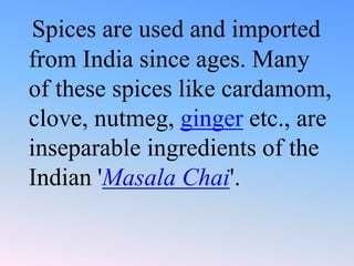 Spices are used and imported
from India since ages. Many
of these spices like cardamom,
clove, nutmeg, ginger etc., are
inseparable ingredients of the
Indian 'Masala Chai'.
 