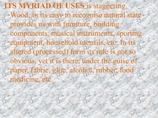 ITS MYRIAD OF USES is staggering.
Wood, in its easy to recognise natural state
provides us with furniture, building
components, musical instruments, sporting
equipment, household utensils, etc. In its
altered (processed) form its role is not so
obvious, yet it is there, under the guise of
paper, fabric, glue, alcohol, rubber, food
medicine, etc.
 