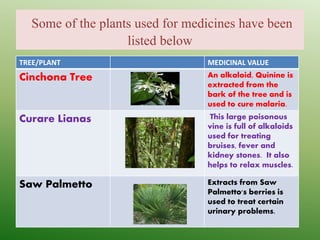 Some of the plants used for medicines have been
listed below
TREE/PLANT MEDICINAL VALUE
Cinchona Tree An alkaloid, Quinine is
extracted from the
bark of the tree and is
used to cure malaria.
Curare Lianas This large poisonous
vine is full of alkaloids
used for treating
bruises, fever and
kidney stones. It also
helps to relax muscles.
Saw Palmetto Extracts from Saw
Palmetto's berries is
used to treat certain
urinary problems.
 