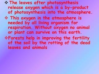  The leaves after photosynthesis
release oxygen which is a by-product
of photosynthesis into the atmosphere.
 This oxygen in the atmosphere is
needed by all living organism for
respiration. Without oxygen no animal
or plant can survive on this earth.
Forests help in improving the fertility
of the soil by the rotting of the dead
leaves and animals
 