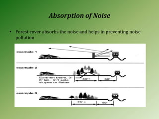 Absorption of Noise
• Forest cover absorbs the noise and helps in preventing noise
pollution
 