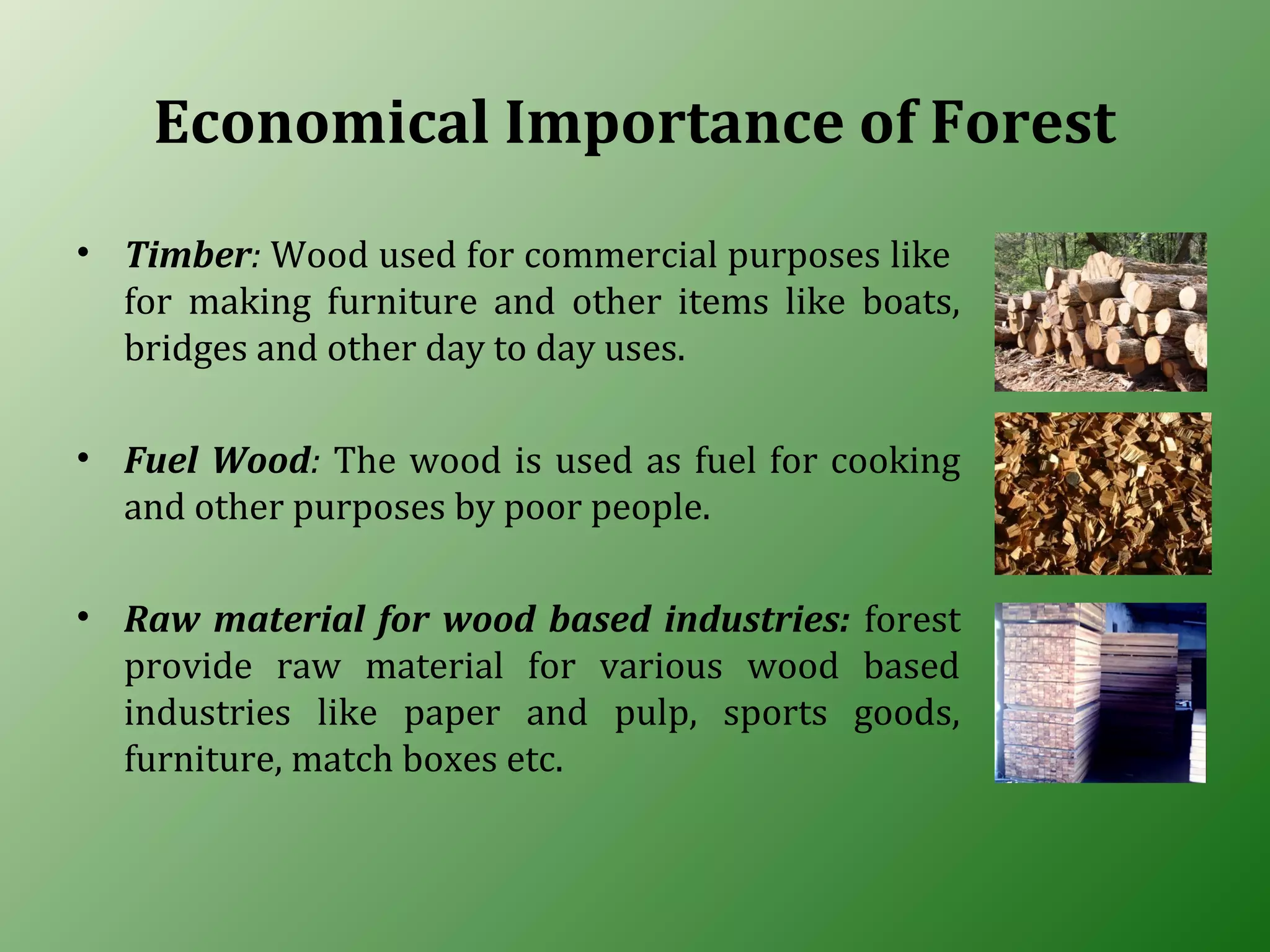 Economical Importance of Forest
• Timber: Wood used for commercial purposes like
for making furniture and other items like boats,
bridges and other day to day uses.
• Fuel Wood: The wood is used as fuel for cooking
and other purposes by poor people.
• Raw material for wood based industries: forest
provide raw material for various wood based
industries like paper and pulp, sports goods,
furniture, match boxes etc.
 