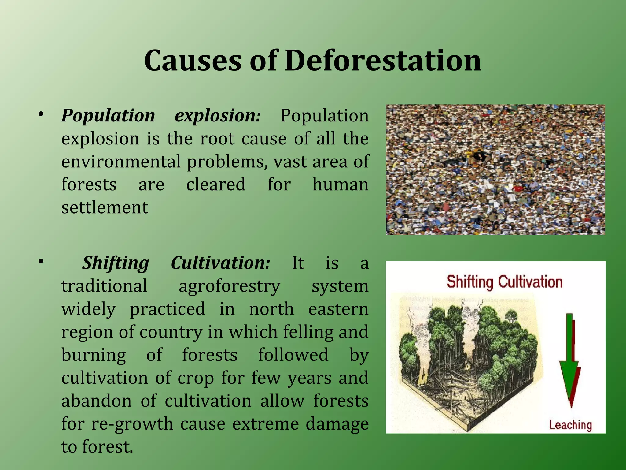Causes of Deforestation
• Population explosion: Population
explosion is the root cause of all the
environmental problems, vast area of
forests are cleared for human
settlement
• Shifting Cultivation: It is a
traditional agroforestry system
widely practiced in north eastern
region of country in which felling and
burning of forests followed by
cultivation of crop for few years and
abandon of cultivation allow forests
for re-growth cause extreme damage
to forest.
 