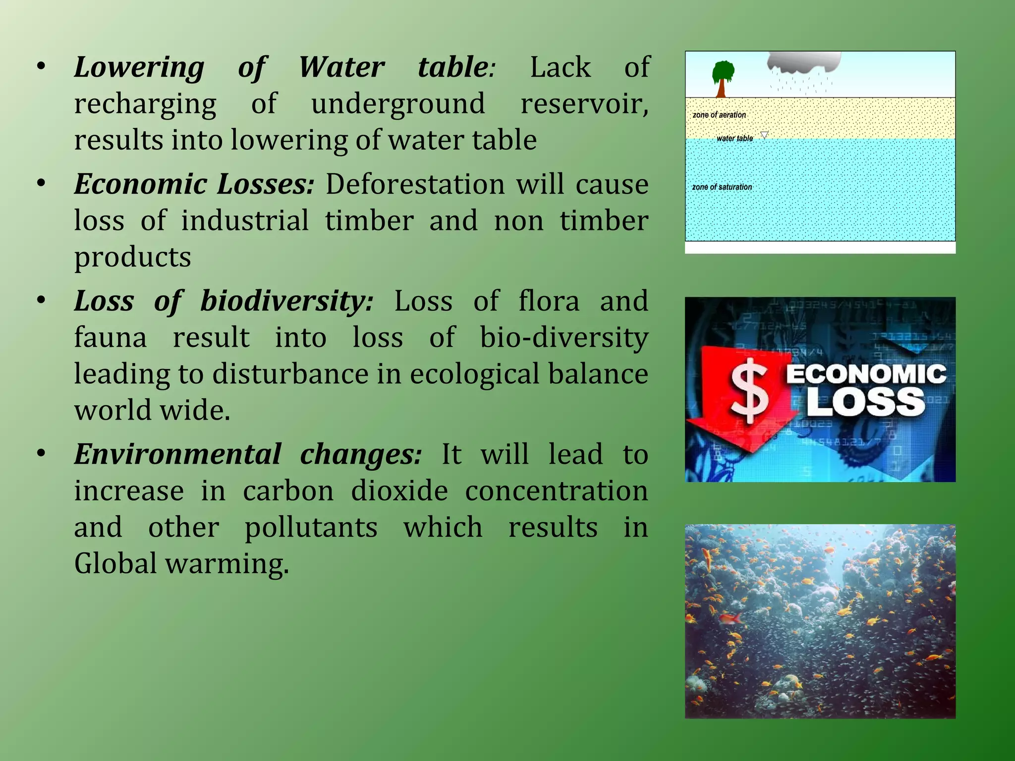 • Lowering of Water table: Lack of
recharging of underground reservoir,
results into lowering of water table
• Economic Losses: Deforestation will cause
loss of industrial timber and non timber
products
• Loss of biodiversity: Loss of flora and
fauna result into loss of bio-diversity
leading to disturbance in ecological balance
world wide.
• Environmental changes: It will lead to
increase in carbon dioxide concentration
and other pollutants which results in
Global warming.
 