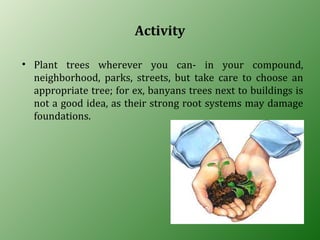 Activity
• Plant trees wherever you can- in your compound,
neighborhood, parks, streets, but take care to choose an
appropriate tree; for ex, banyans trees next to buildings is
not a good idea, as their strong root systems may damage
foundations.
 