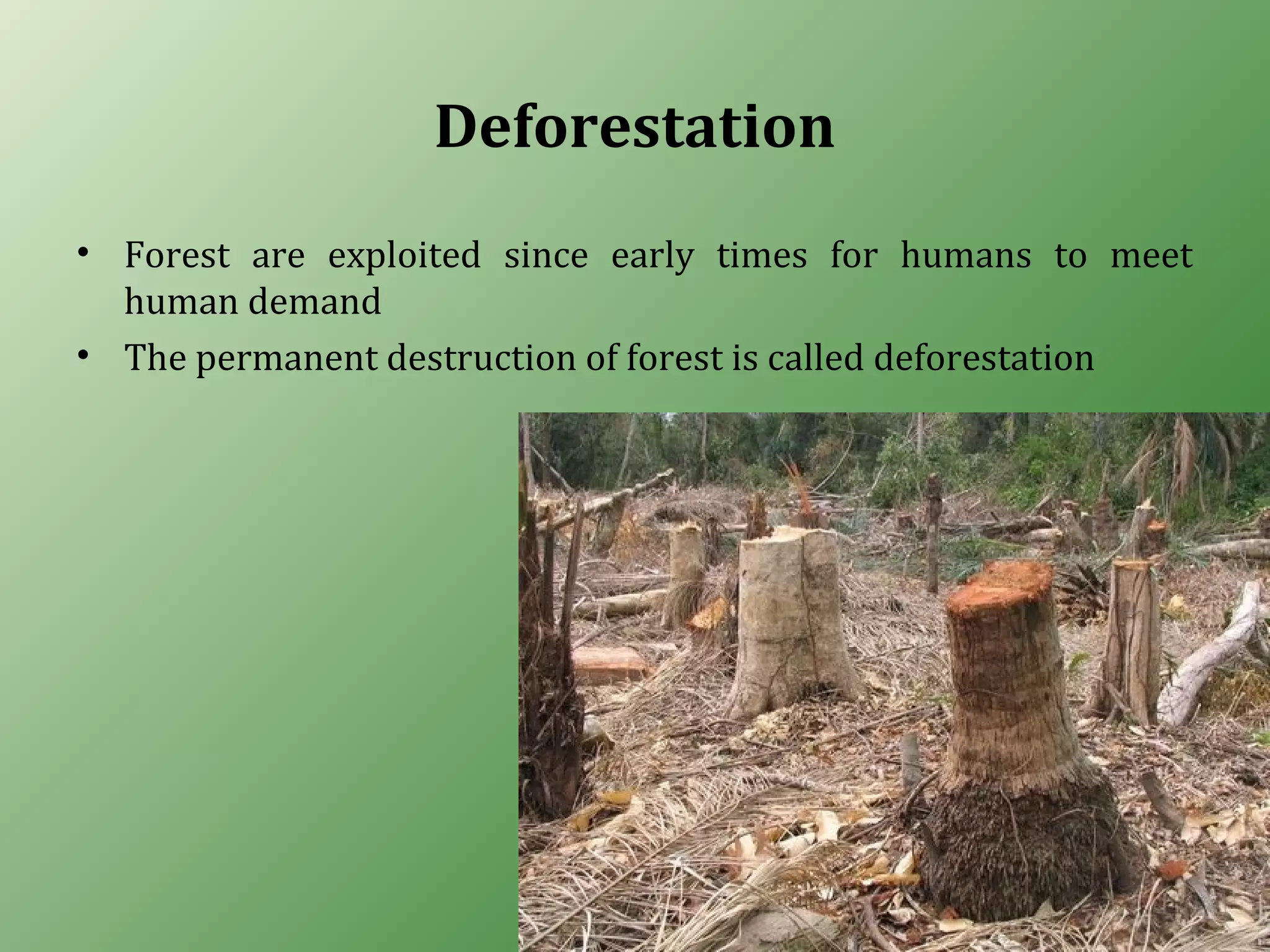 Deforestation
• Forest are exploited since early times for humans to meet
human demand
• The permanent destruction of forest is called deforestation
 