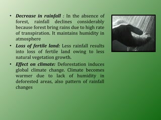 • Decrease in rainfall : In the absence of
forest, rainfall declines considerably
because forest bring rains due to high rate
of transpiration. It maintains humidity in
atmosphere
• Loss of fertile land: Less rainfall results
into loss of fertile land owing to less
natural vegetation growth.
• Effect on climate: Deforestation induces
global climate change. Climate becomes
warmer due to lack of humidity in
deforested areas, also pattern of rainfall
changes
 