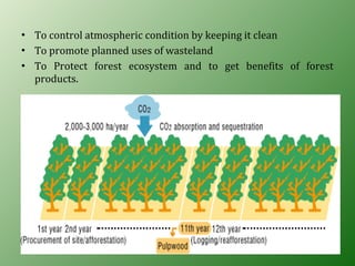 • To control atmospheric condition by keeping it clean
• To promote planned uses of wasteland
• To Protect forest ecosystem and to get benefits of forest
products.
 