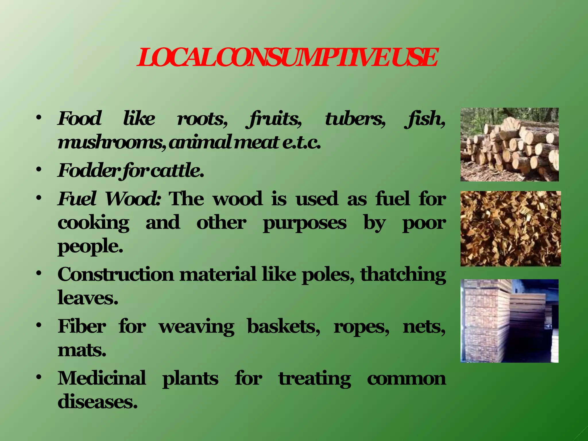 LOCALCONSUMPTIVEUSE
• Food like roots, fruits, tubers, fish,
mushrooms,animalmeate.t.c.
Fodderforcattle.
•
•
•
•
•
Fuel Wood: The wood is used as fuel for
cooking and other purposes by poor
people.
Construction material like poles, thatching
leaves.
Fiber for weaving baskets, ropes, nets,
mats.
Medicinal plants for treating common
diseases.
 