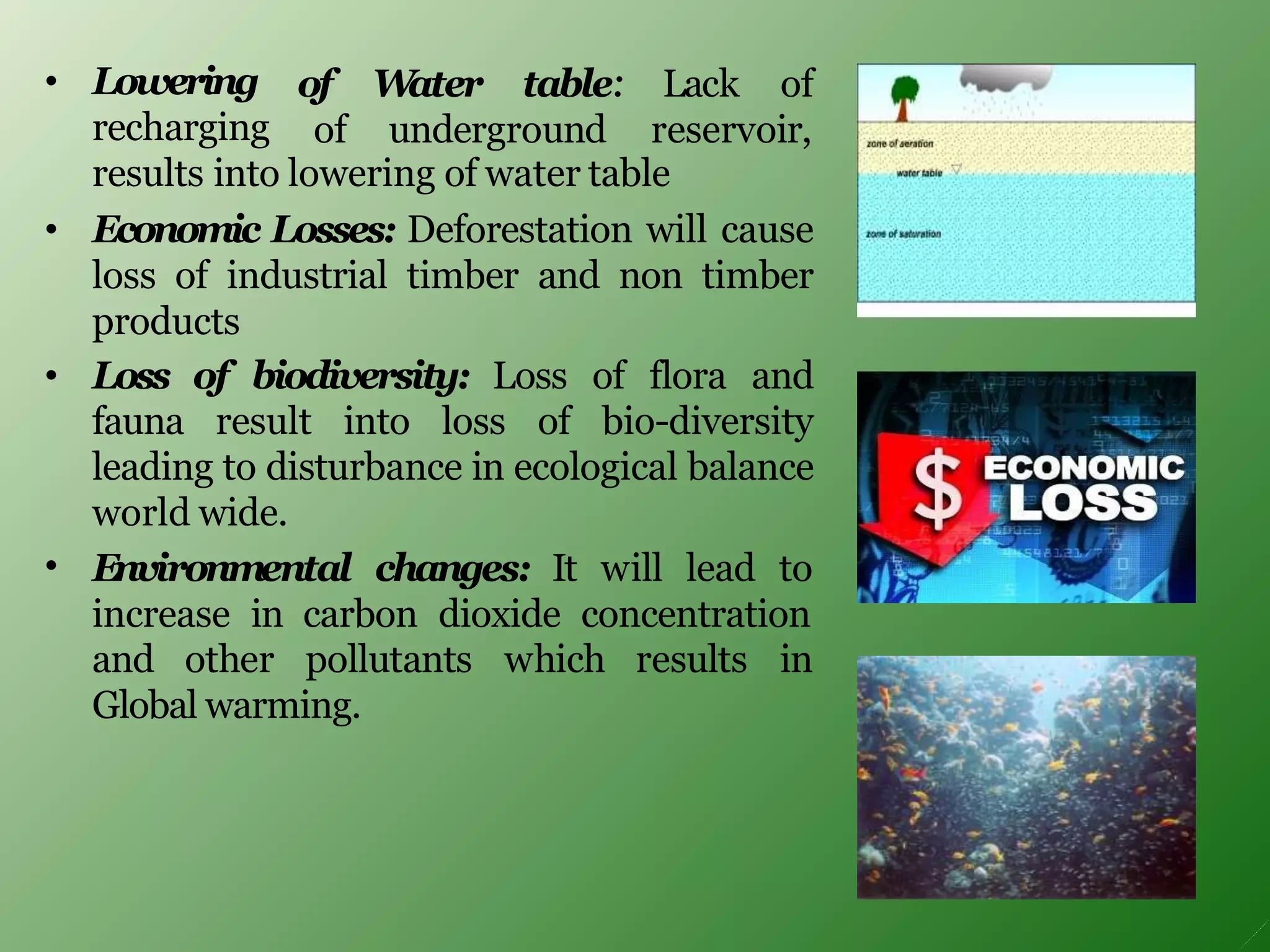 • Lowering
recharging
of W
ater table: Lack of
of underground reservoir,
results into lowering of water table
• Economic Losses: Deforestation will cause
loss of industrial timber and non timber
products
• Loss of biodiversity: Loss of flora and
fauna result into loss of bio-diversity
leading to disturbance in ecological balance
world wide.
• Environmental changes: It will lead to
increase in carbon dioxide concentration
and other pollutants which results in
Global warming.
 