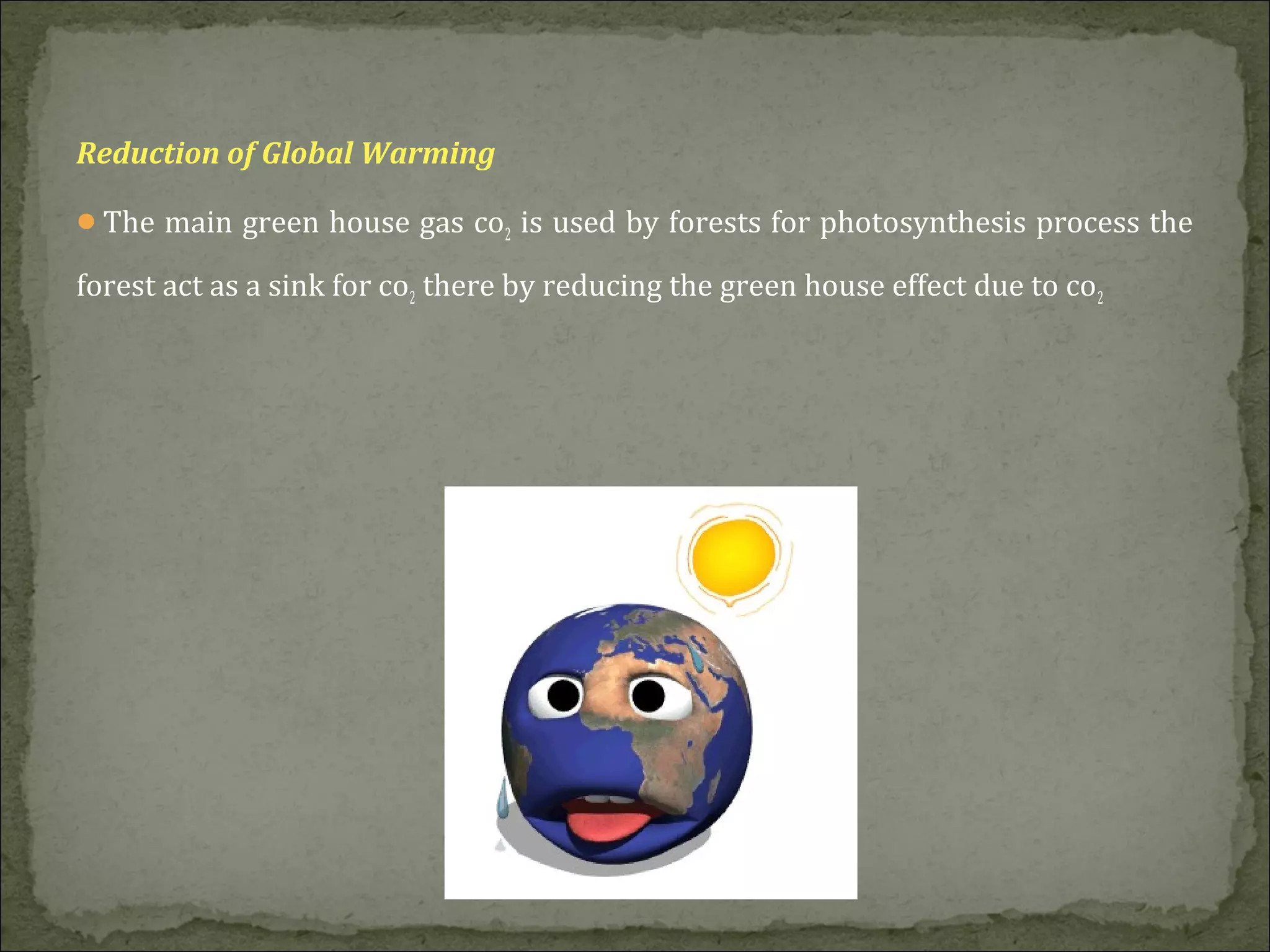 Reduction of Global Warming
The main green house gas co2 is used by forests for photosynthesis process the
forest act as a sink for co2 there by reducing the green house effect due to co2
 